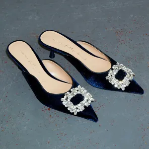 Embellished Navy Velvet City Mules