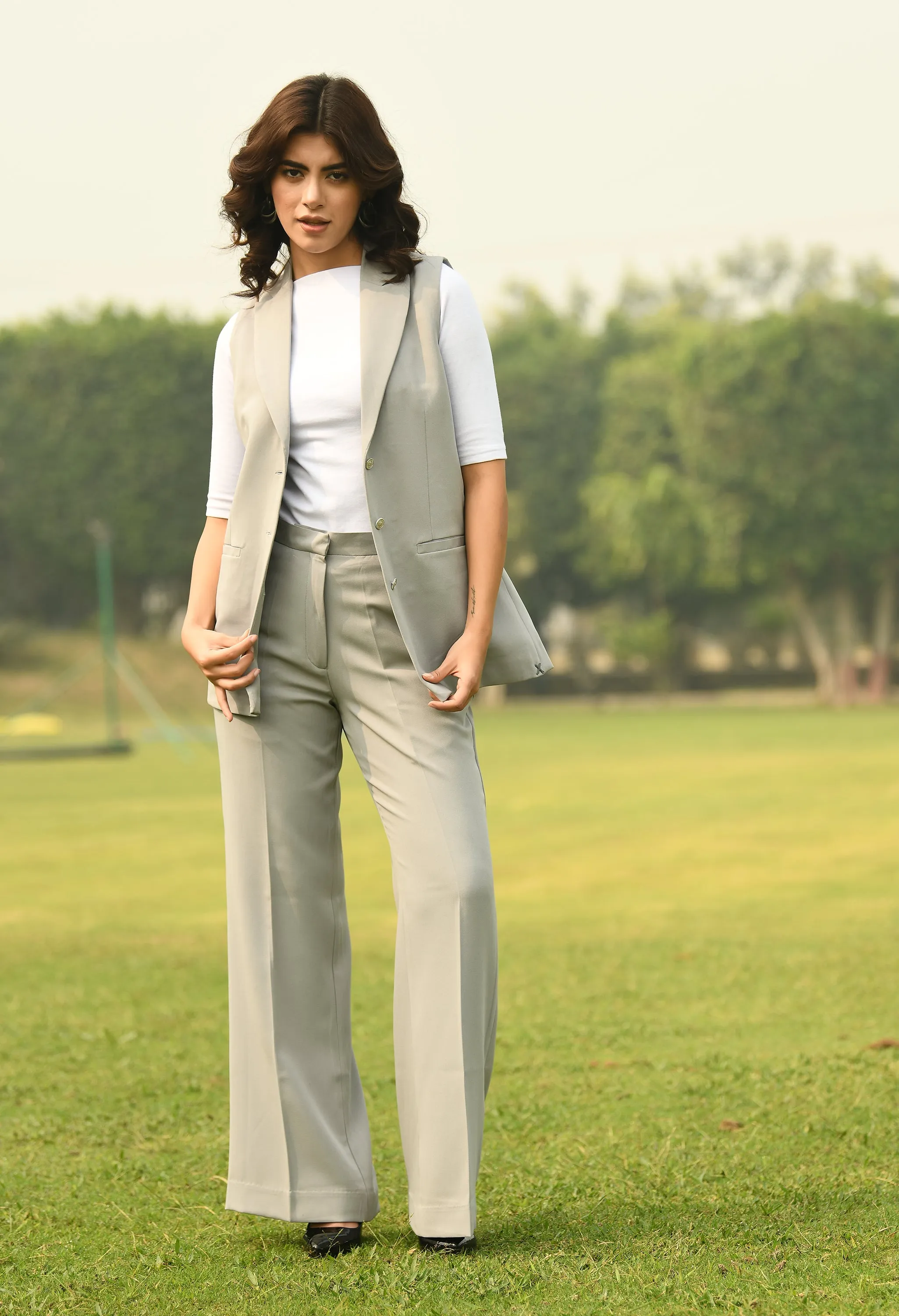 Exude Aspiration Sleeveless Blazer with Bootcut Trousers (Grey)