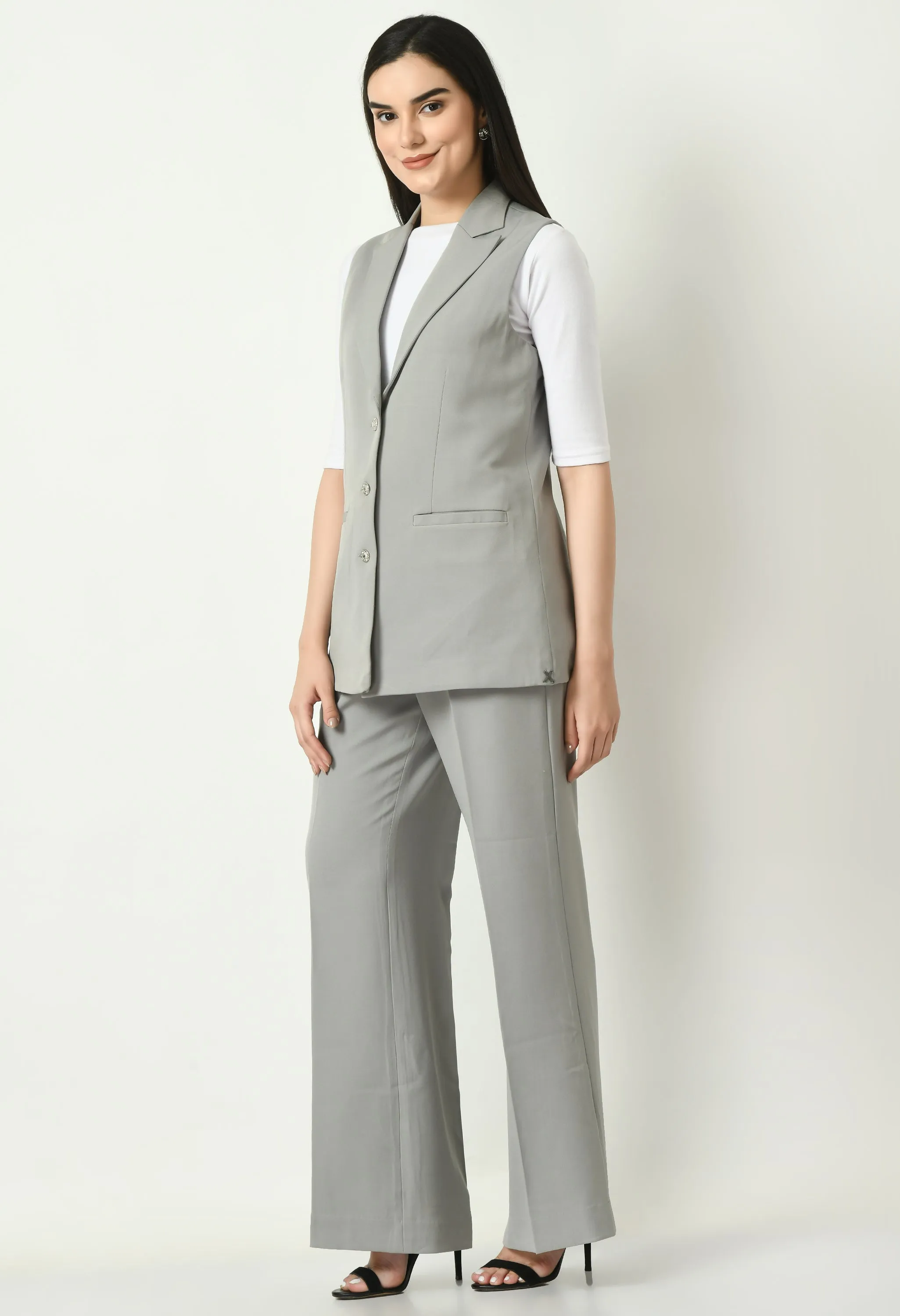 Exude Aspiration Sleeveless Blazer with Bootcut Trousers (Grey)