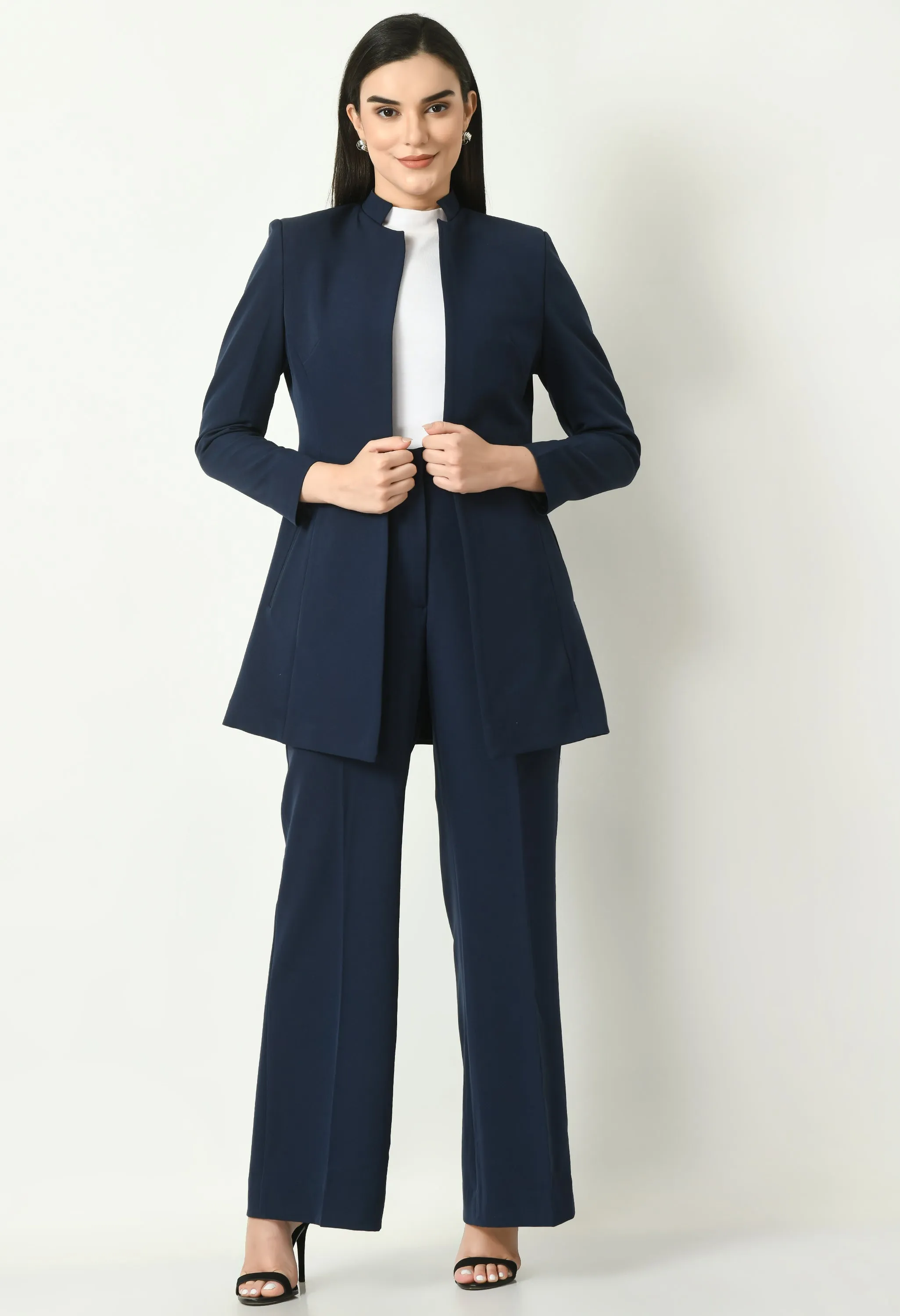 Exude Mastery Solid Long Blazer with Bootcut Trousers (Navy)