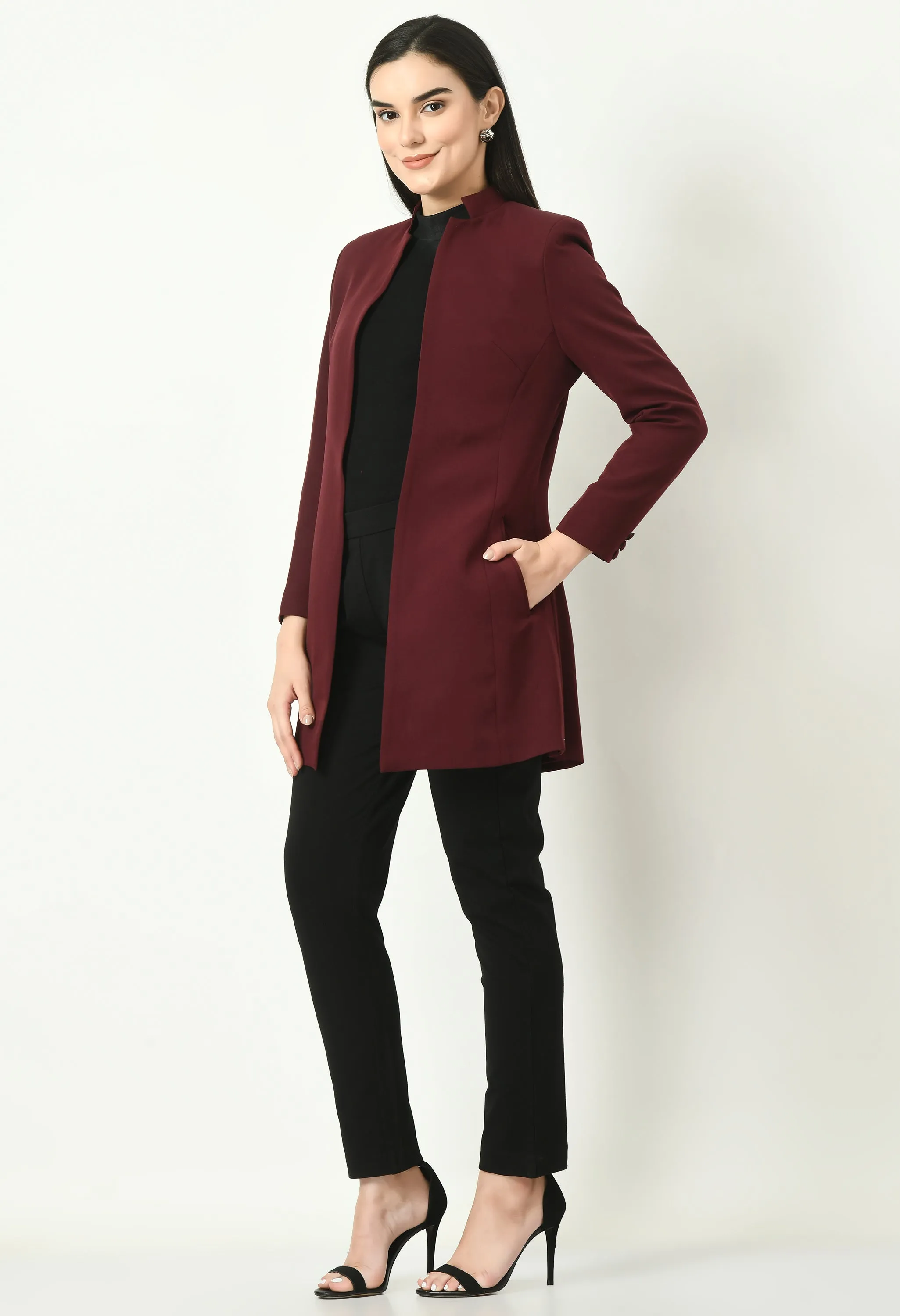 Exude Supremacy Solid Long Blazer (Wine)