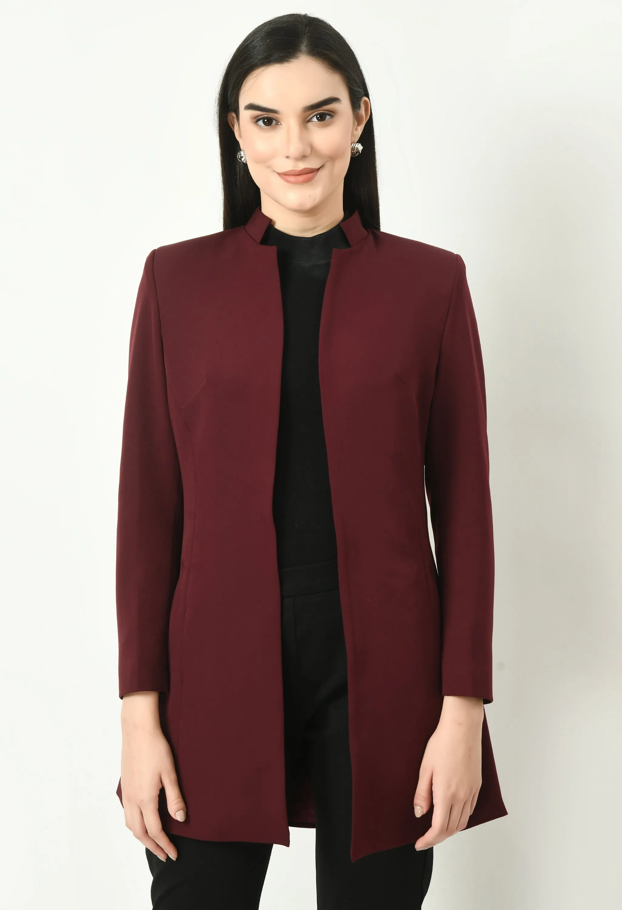 Exude Supremacy Solid Long Blazer (Wine)