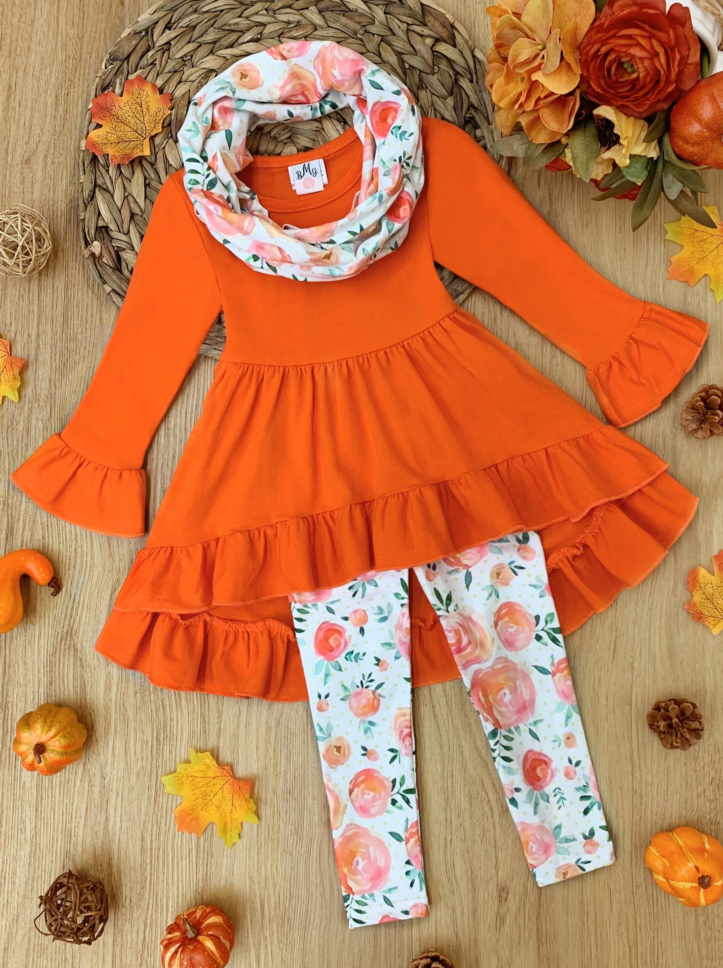 Fall-ishous Tunic, Floral Leggings and Scarf Set