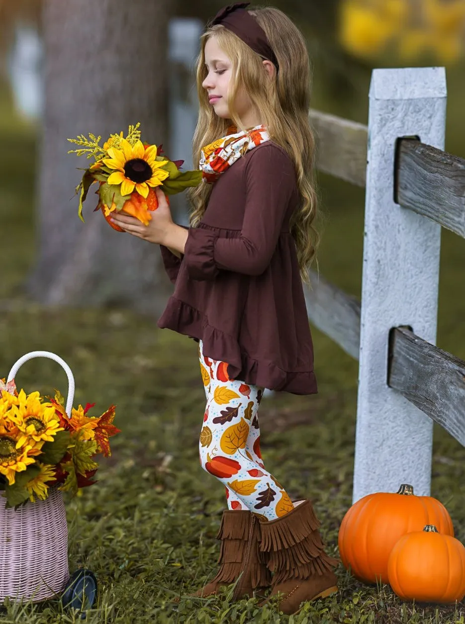 Falling Leaves Hi-Lo Ruffle Tunic, Leggings and Scarf Set