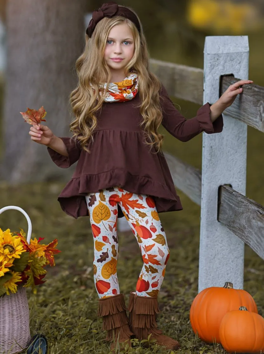 Falling Leaves Hi-Lo Ruffle Tunic, Leggings and Scarf Set