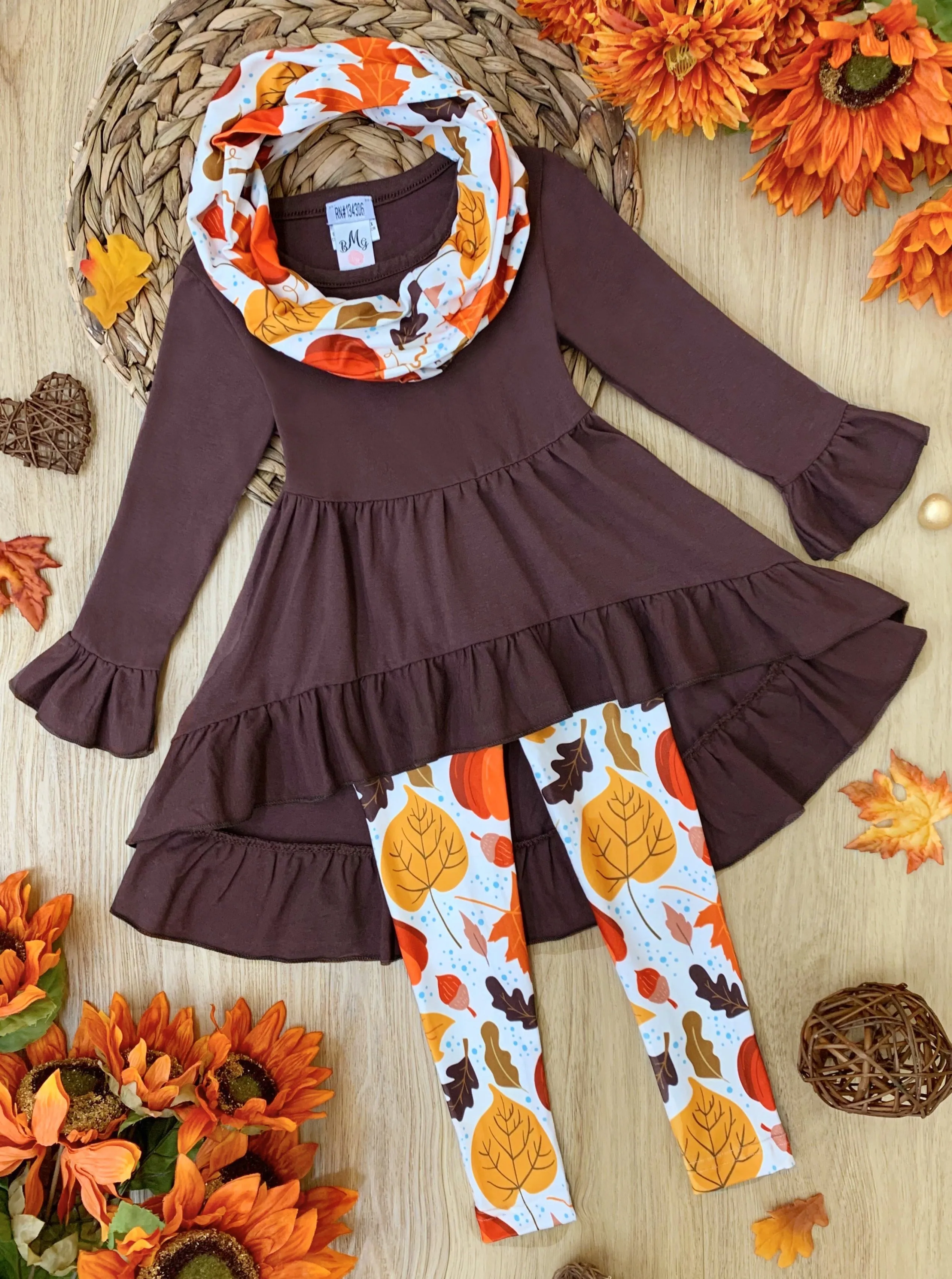 Falling Leaves Hi-Lo Ruffle Tunic, Leggings and Scarf Set