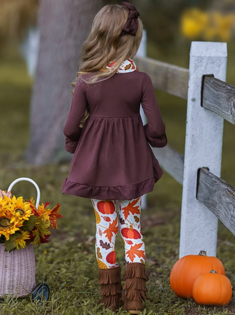 Falling Leaves Hi-Lo Ruffle Tunic, Leggings and Scarf Set