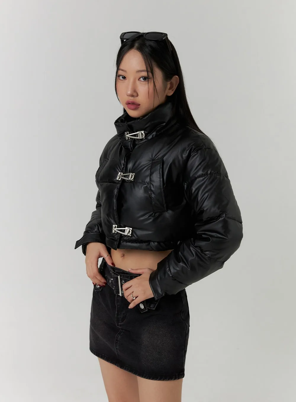 Faux Leather Three-Buckled High Neck Puffer Jacket CD315