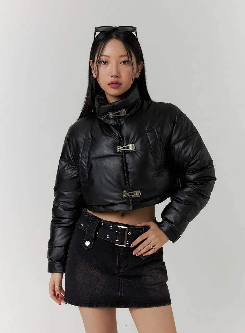 Faux Leather Three-Buckled High Neck Puffer Jacket CD315