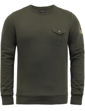 Fiction Crew Neck Military Sweatshirt with Aviator Badge in Khaki