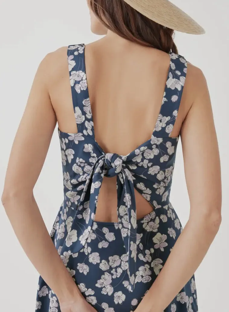 Fit & Flare Tie-Back Dress - French Navy Shoreline Floral