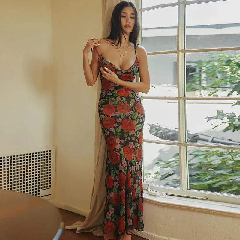 Floral Print Draped Maxi Dress