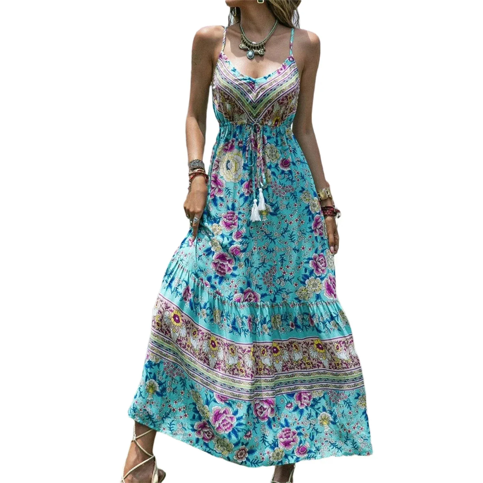 Flowy Maxi Sling High Waist Tiered V Neck Drawstring Cute Floral Hippie Casual Boho Dress