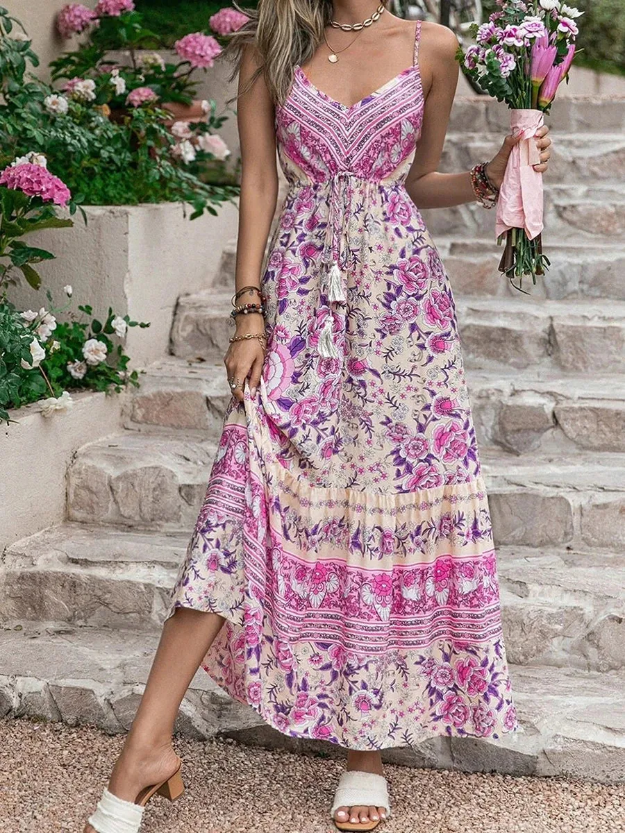 Flowy Maxi Sling High Waist Tiered V Neck Drawstring Cute Floral Hippie Casual Boho Dress