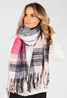 Fuchsia and Charcoal Checked Knit Scarf