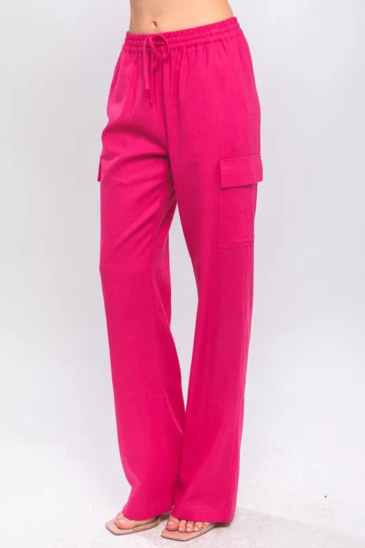 Fuchsia Linen Straight Leg Cargo Pants