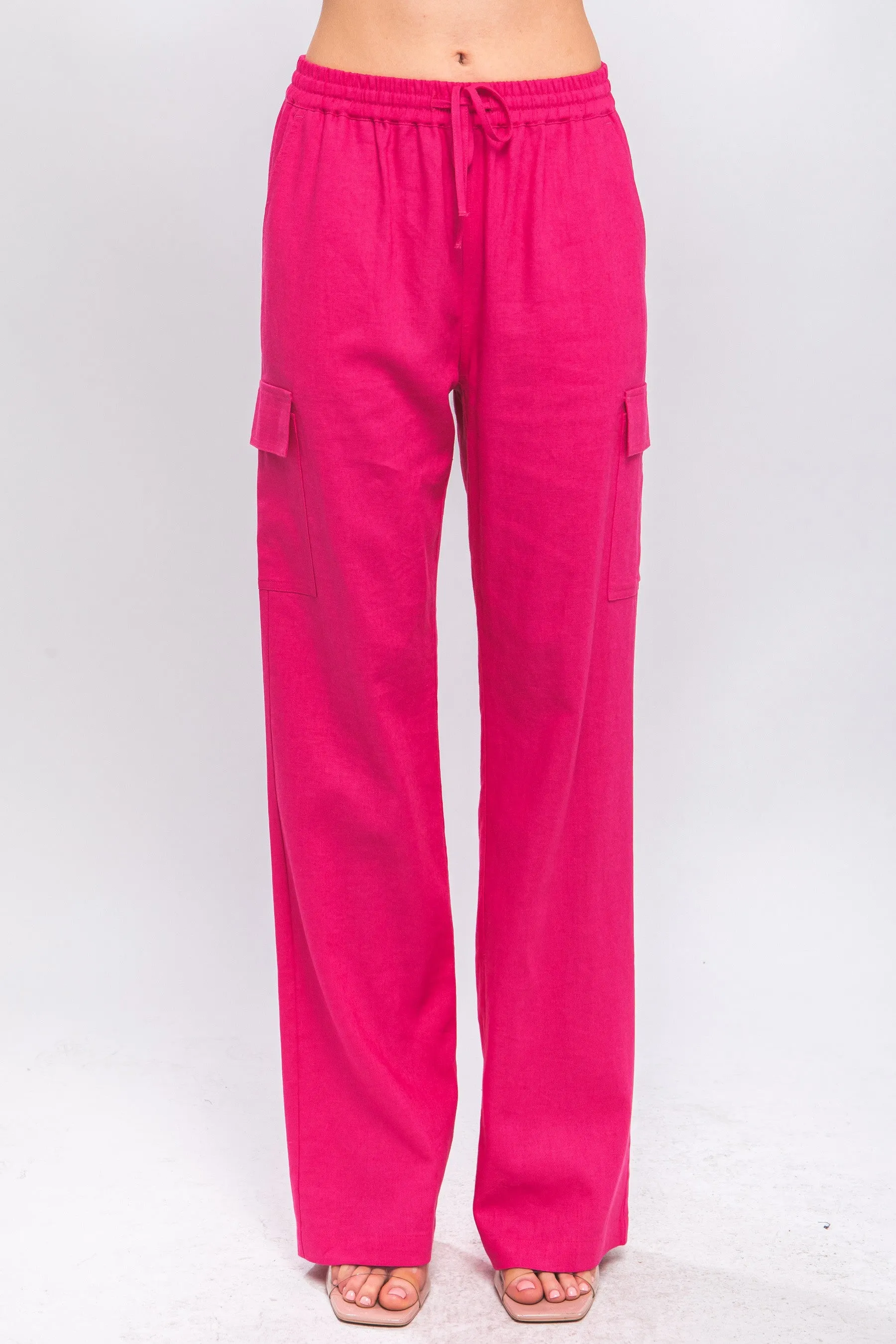 Fuchsia Linen Straight Leg Cargo Pants