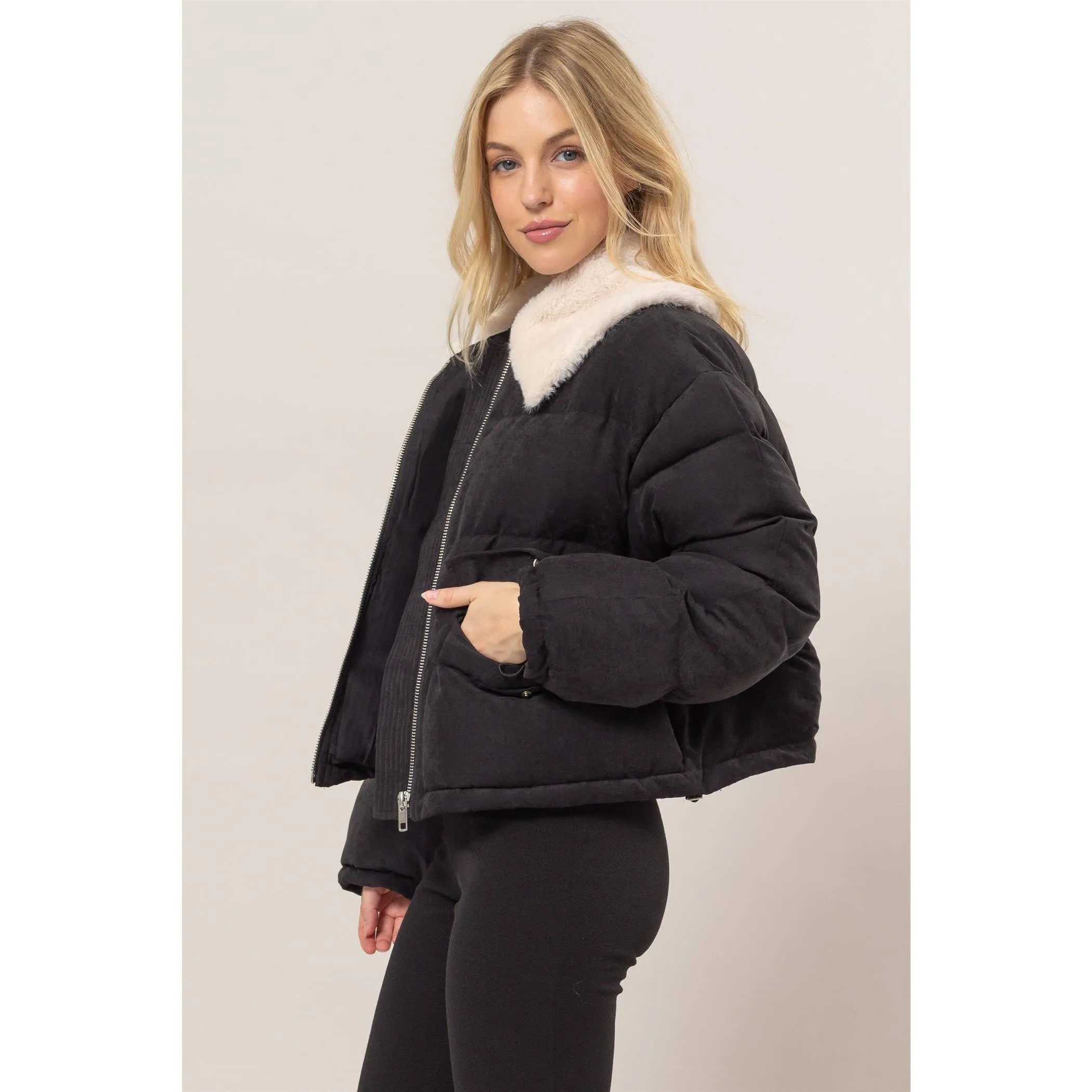 Fur Contrast Black Puffer Jacket