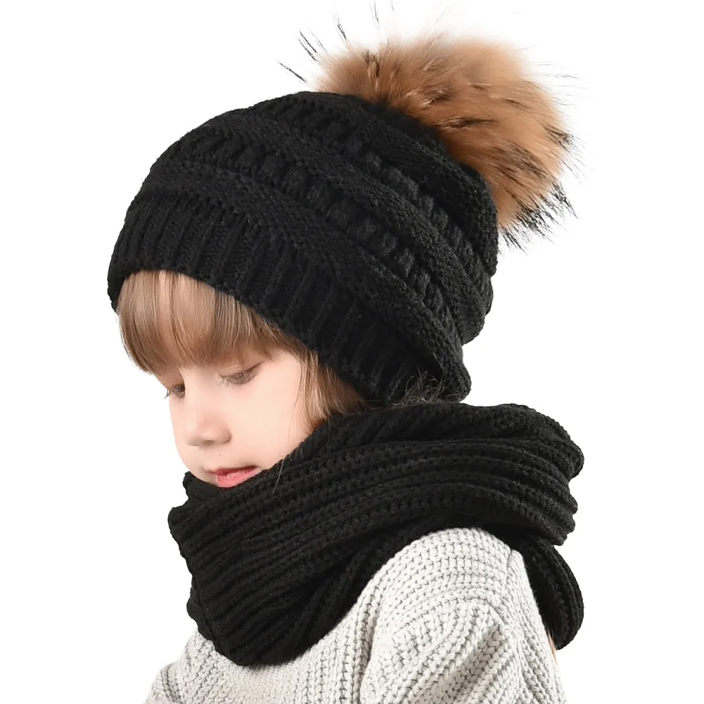 FURTALK Child Winter Real Fur PomPom Hat Scarf Set  Drop Shipping CH011