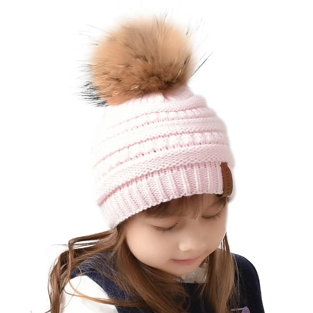 FURTALK Child Winter Real Fur PomPom Hat Scarf Set  Drop Shipping CH011