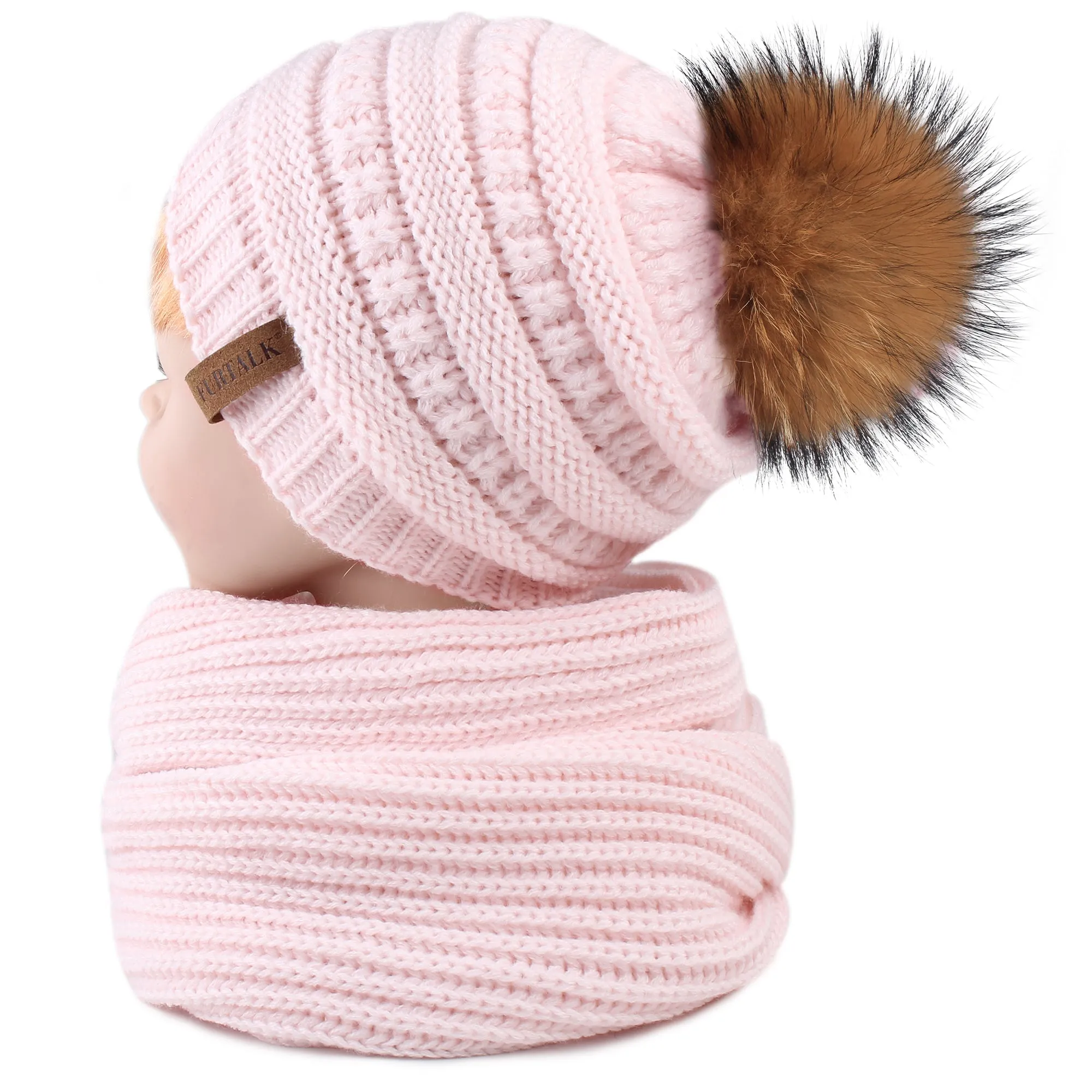 FURTALK Child Winter Real Fur PomPom Hat Scarf Set  Drop Shipping CH011