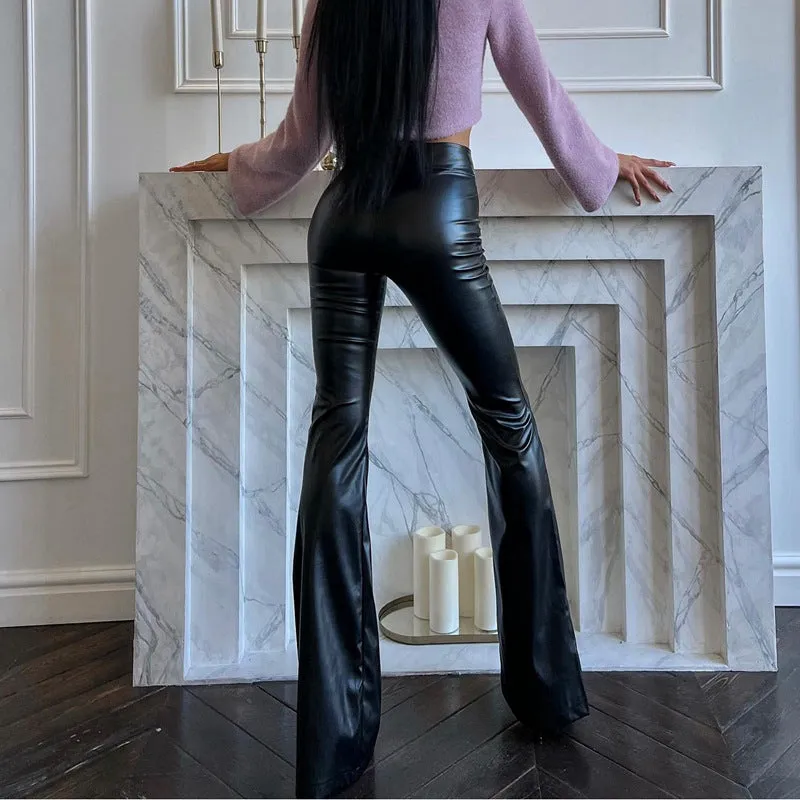 Girlary-shop going out outfits Women's 2024 Winter New High Waist Light PU Leather Pants Trousers Black Glossy Flared Trousers Women's Pants