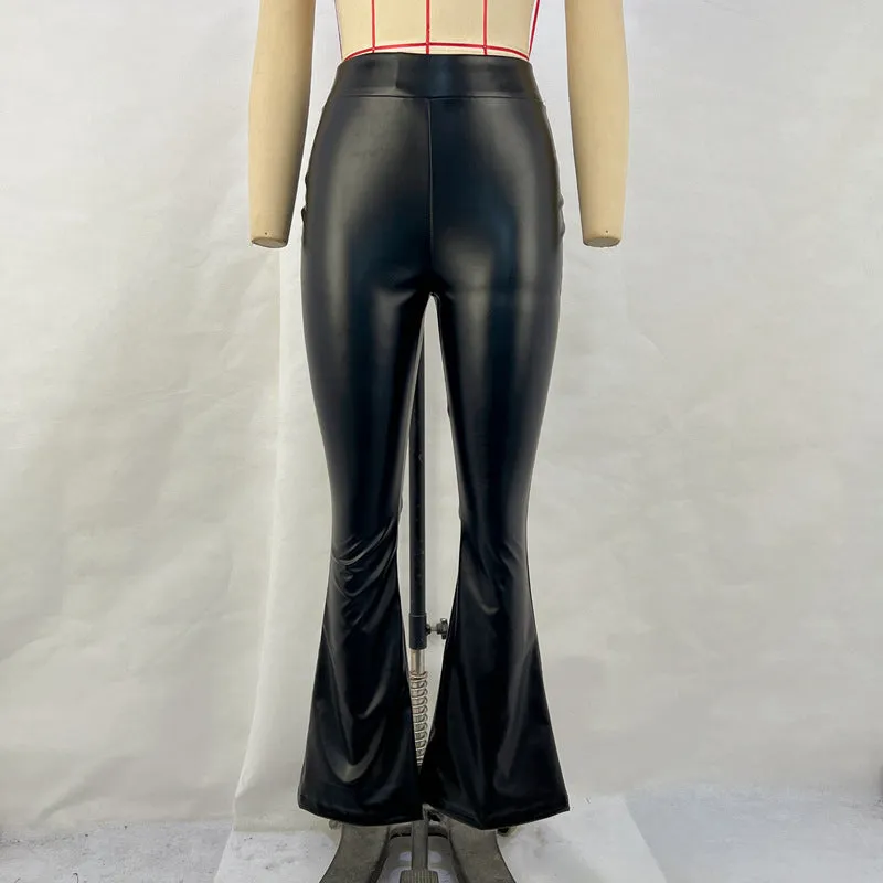 Girlary-shop going out outfits Women's 2024 Winter New High Waist Light PU Leather Pants Trousers Black Glossy Flared Trousers Women's Pants