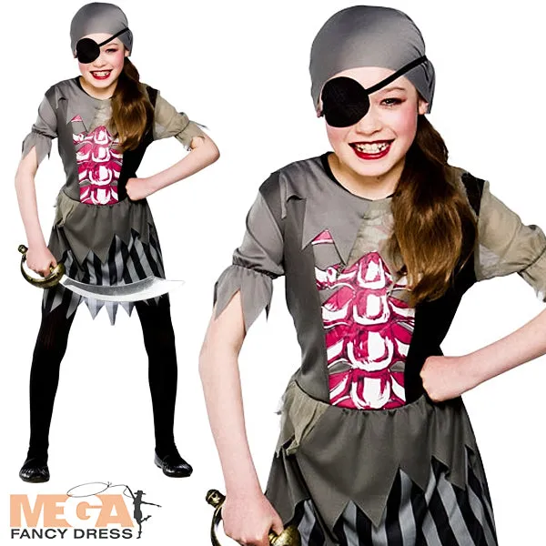 Girls Zombie Pirate Halloween Fancy Dress Costume