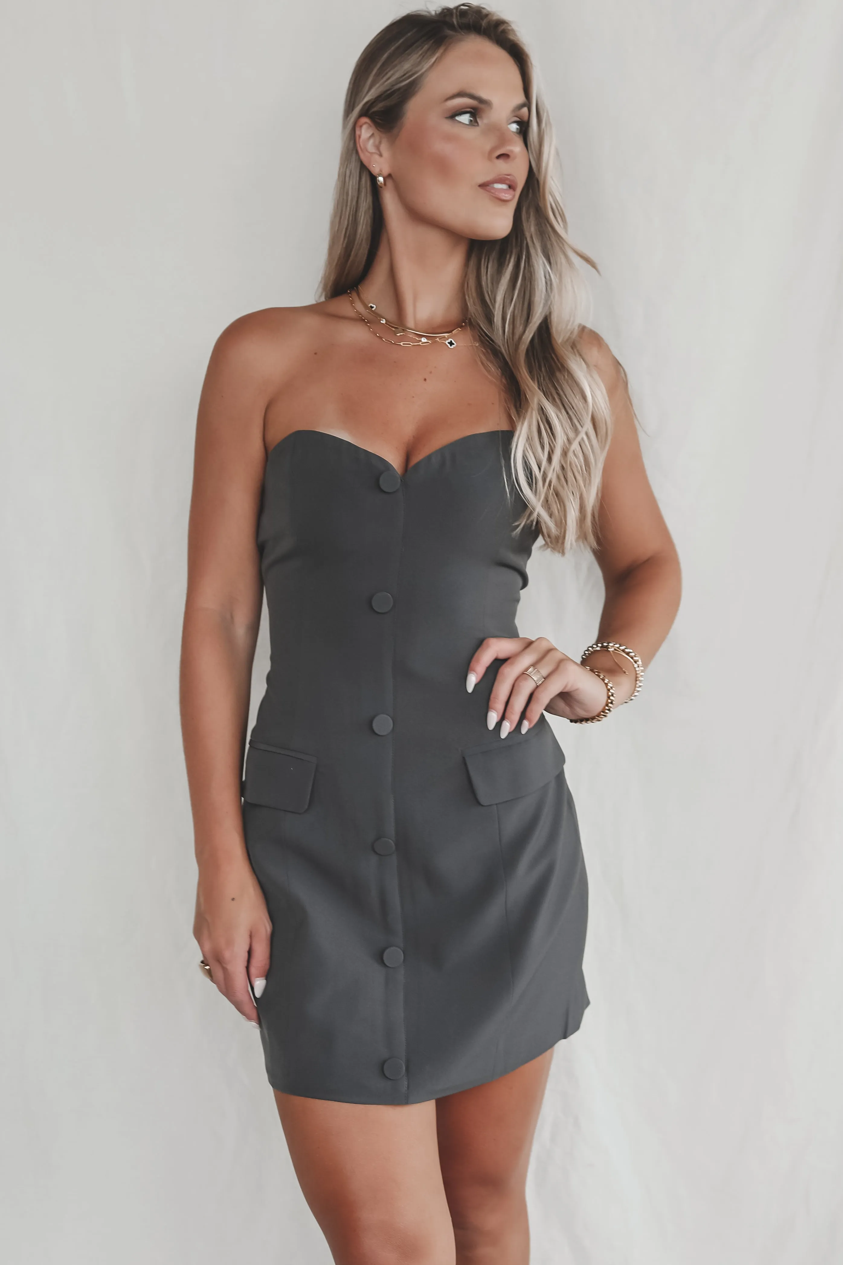 Gotta Work Cover Girl Charcoal Strapless Dress