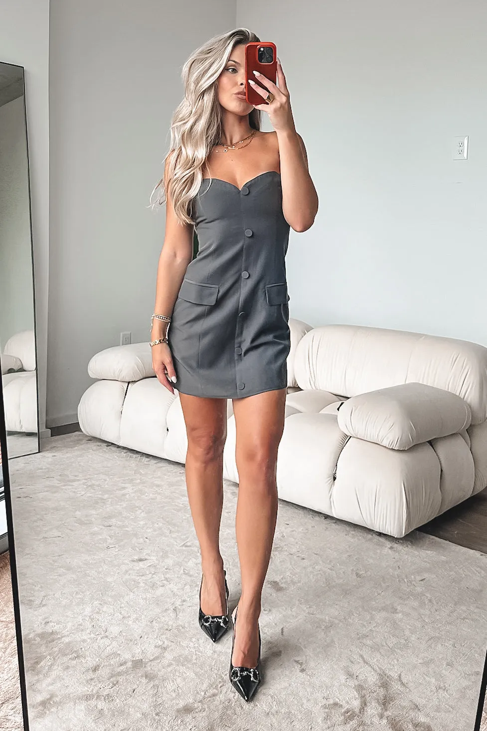 Gotta Work Cover Girl Charcoal Strapless Dress