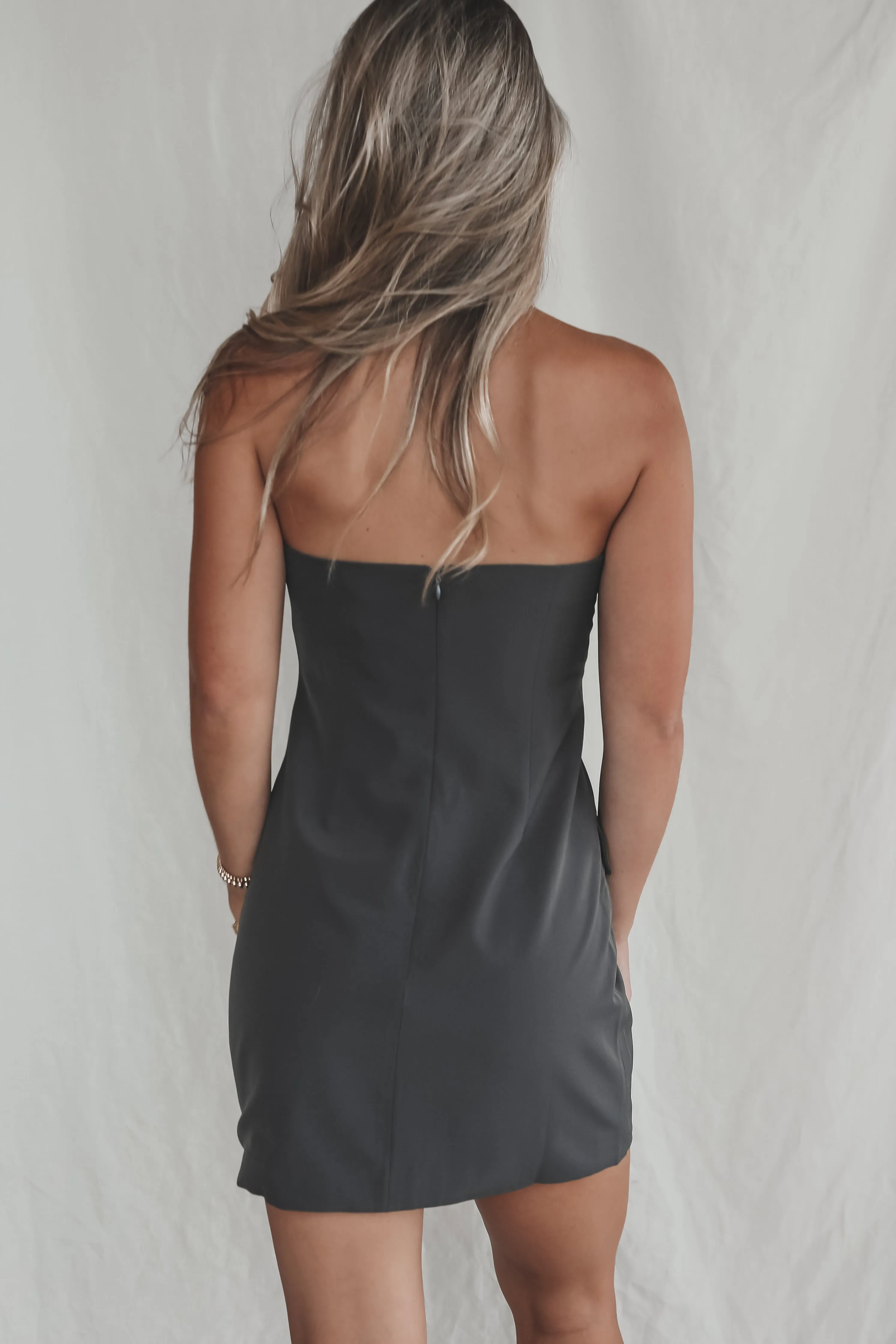 Gotta Work Cover Girl Charcoal Strapless Dress