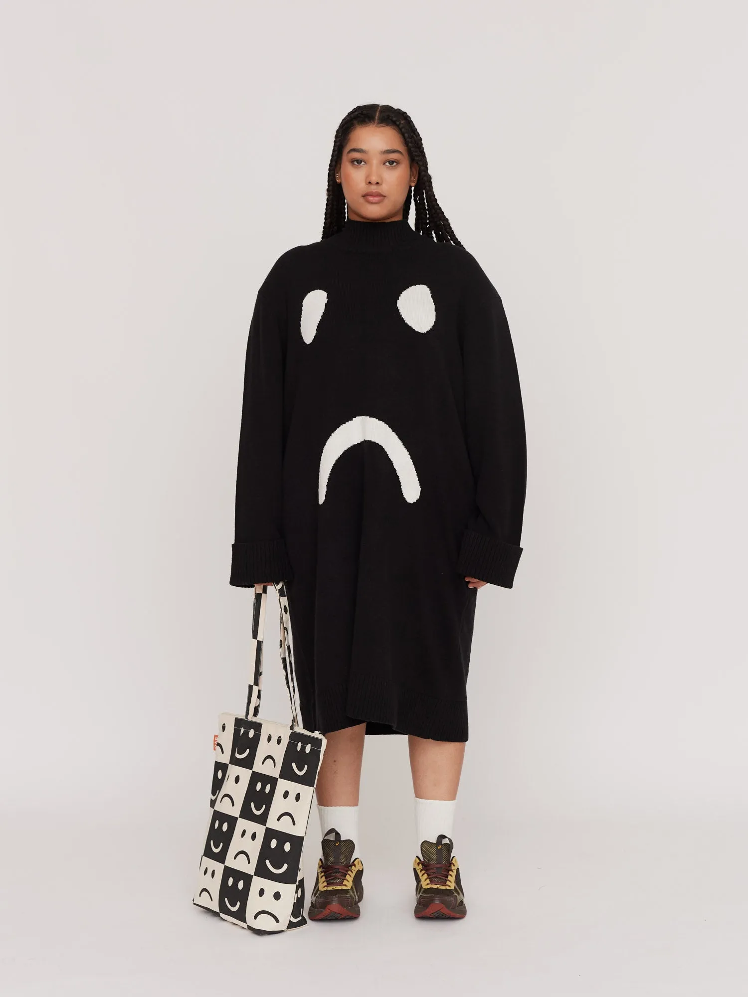 Happy Sad Mock Neck Knitted Dress