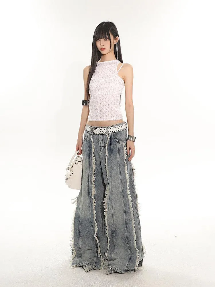 Indigo Fringe Design Flared Wide-Leg Denim Pants