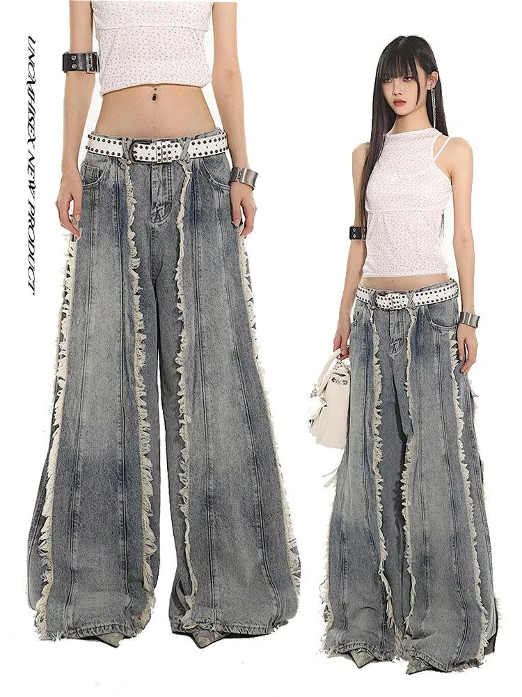 Indigo Fringe Design Flared Wide-Leg Denim Pants