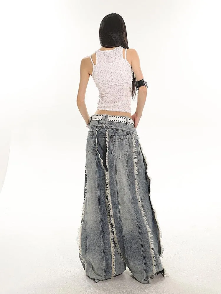 Indigo Fringe Design Flared Wide-Leg Denim Pants