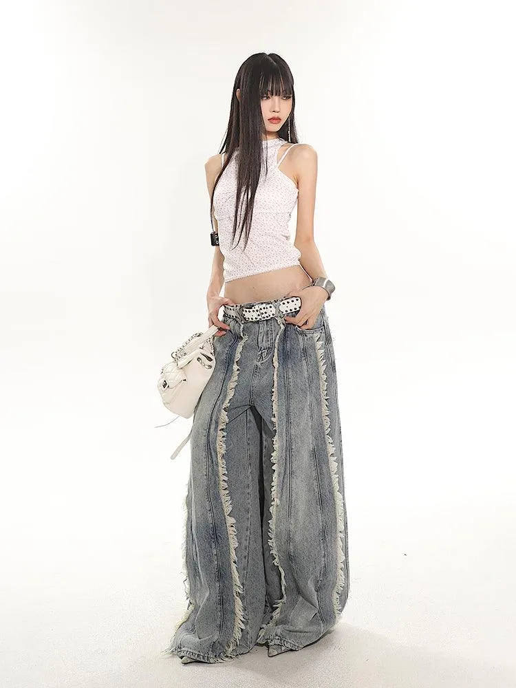 Indigo Fringe Design Flared Wide-Leg Denim Pants