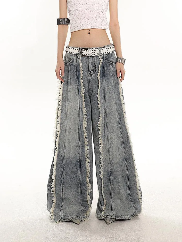 Indigo Fringe Design Flared Wide-Leg Denim Pants