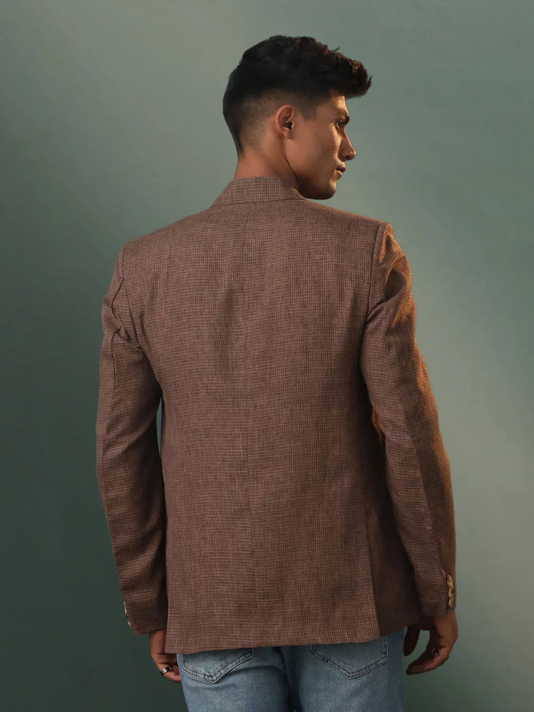 Jashvi Men's Brown Checked Cotton Blend Blazer