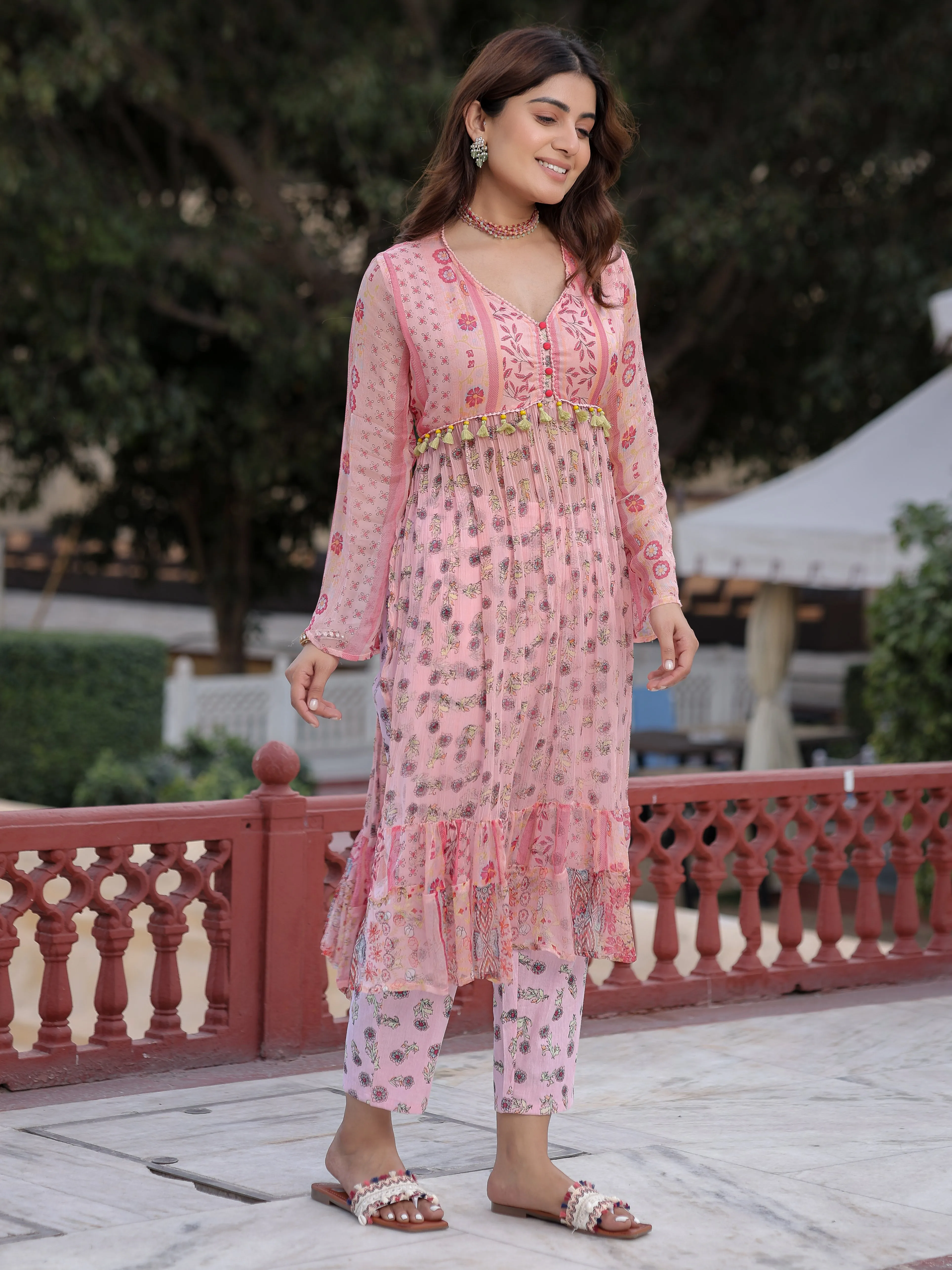 Juniper Peach Floral Printed High Slit Lacy Chiffon Kurta With Pants Set (2-Pcs)