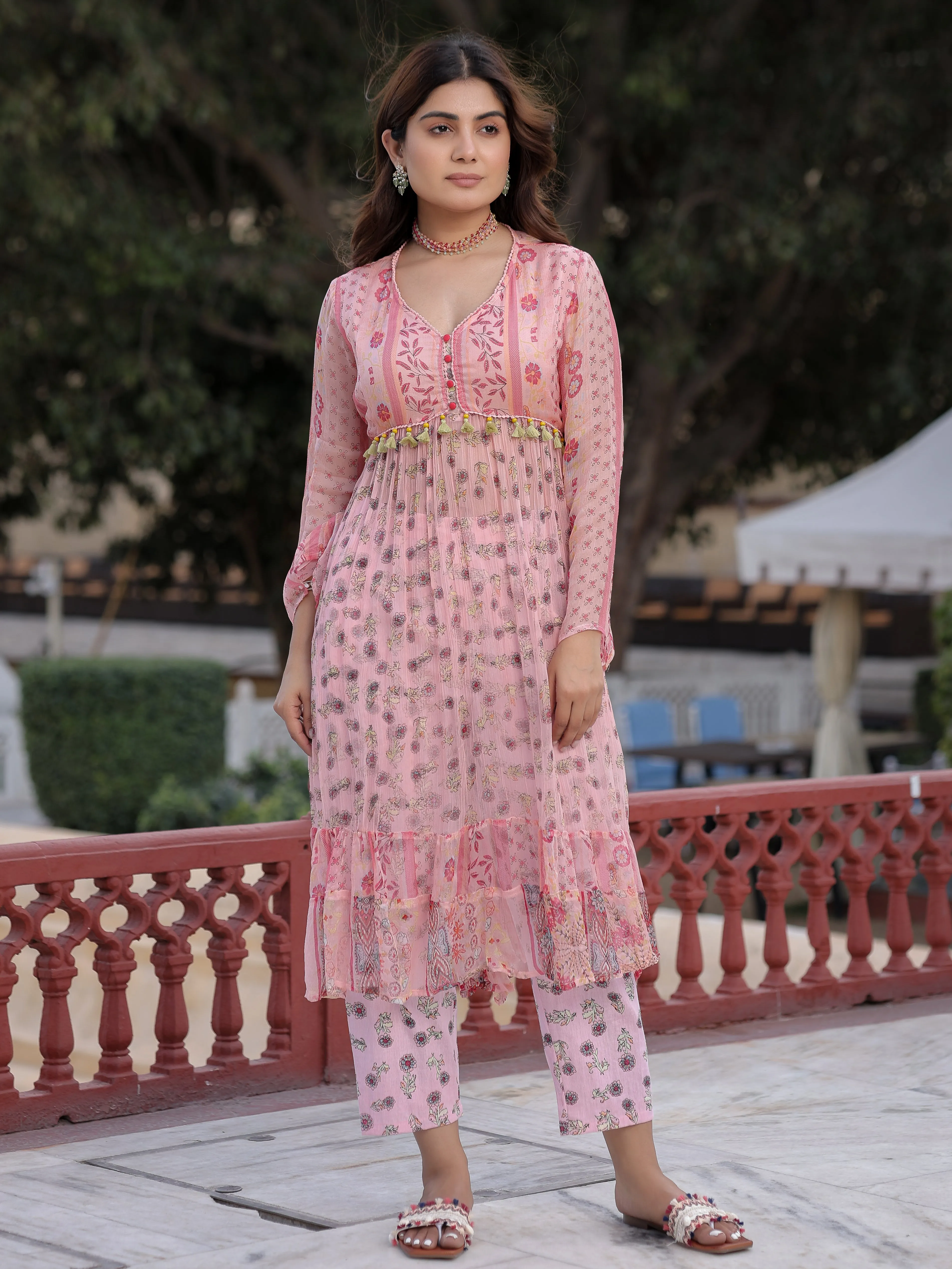 Juniper Peach Floral Printed High Slit Lacy Chiffon Kurta With Pants Set (2-Pcs)