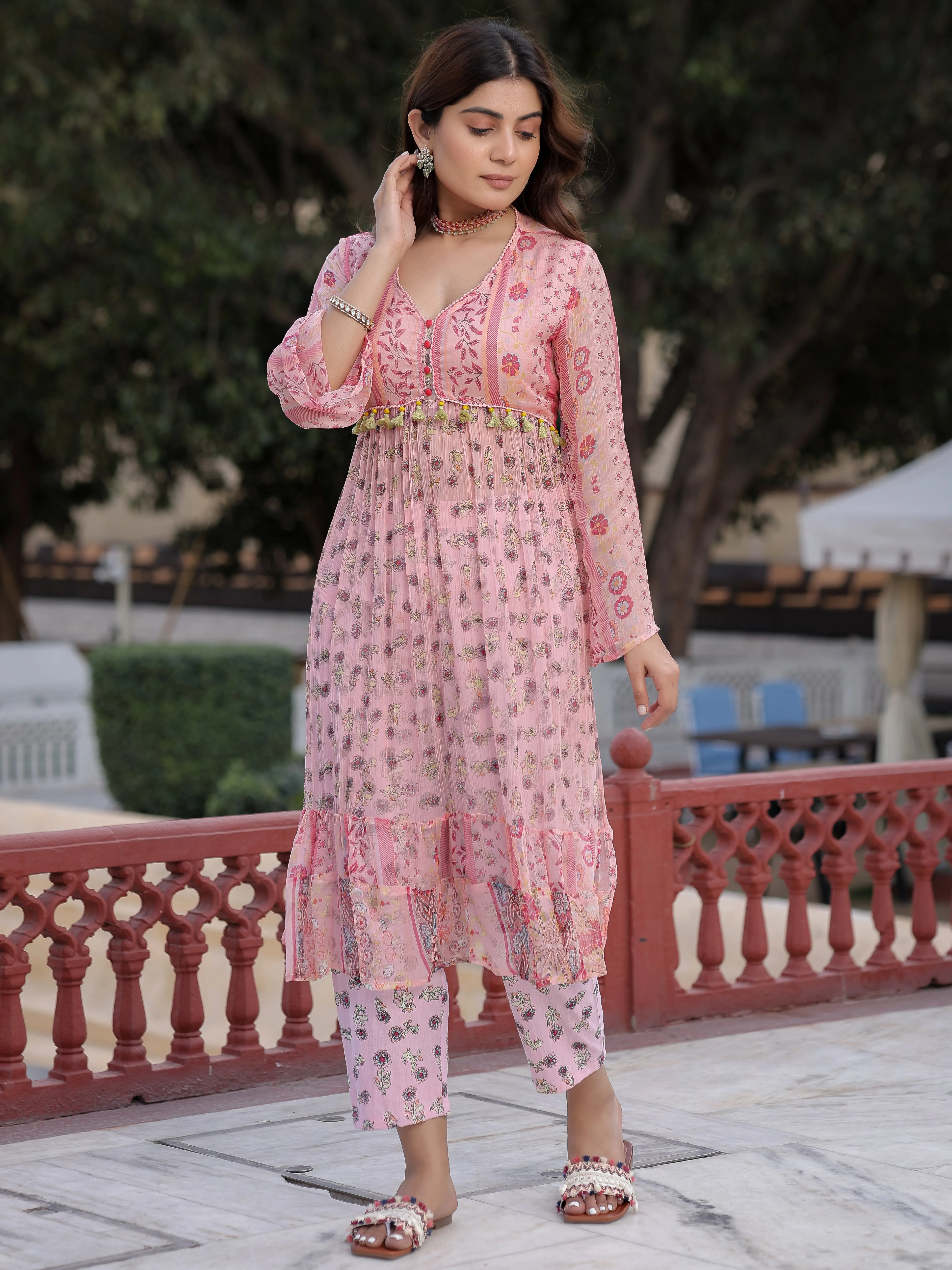 Juniper Peach Floral Printed High Slit Lacy Chiffon Kurta With Pants Set (2-Pcs)