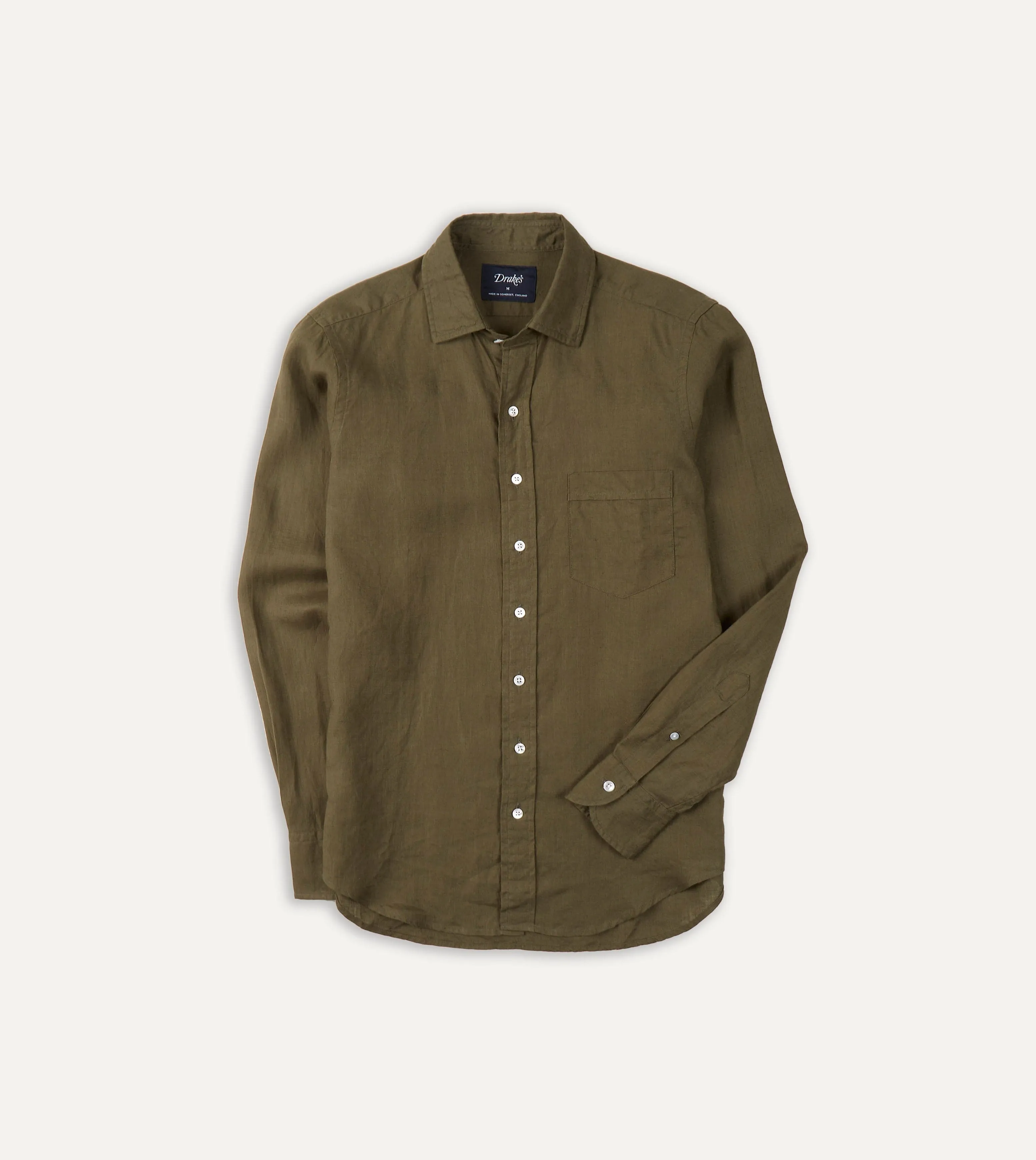 Khaki Green Linen Spread Collar Shirt