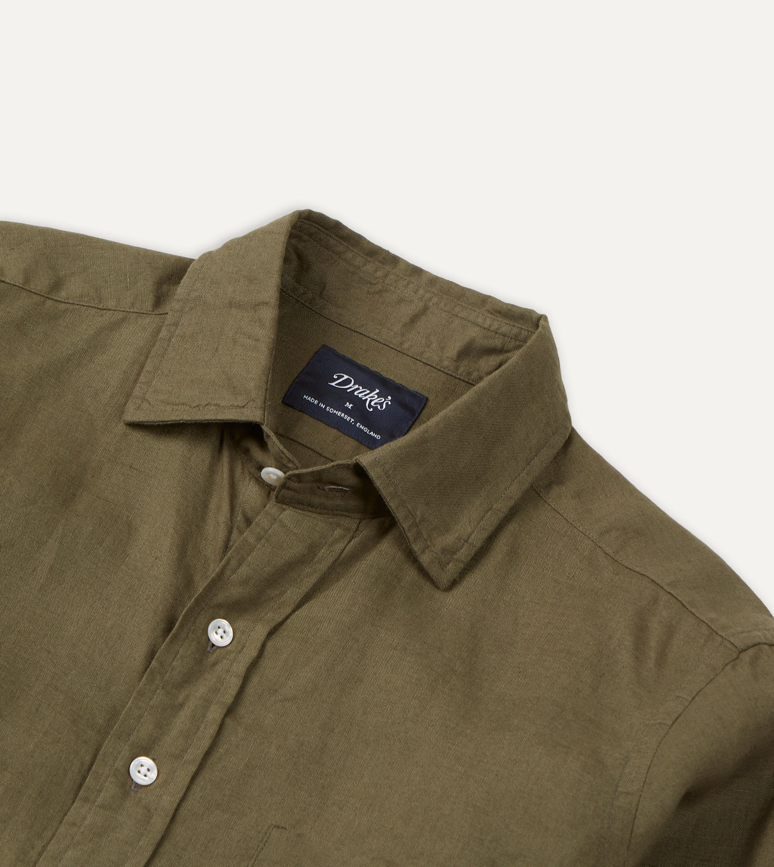 Khaki Green Linen Spread Collar Shirt