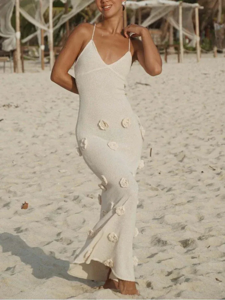 Knitted Beach 3D Floral Slim Strap Backless White Maxi Dress