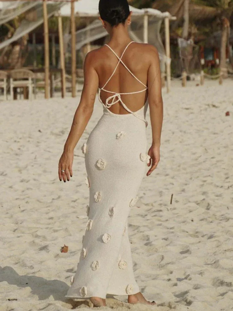 Knitted Beach 3D Floral Slim Strap Backless White Maxi Dress