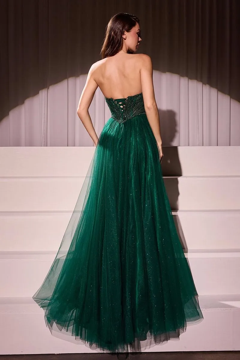 Ladivine CC415 Size 6 Emerald Sheer Beaded V Neck Corset Prom Dress A Line Shimmer Ballgown Formal Gown