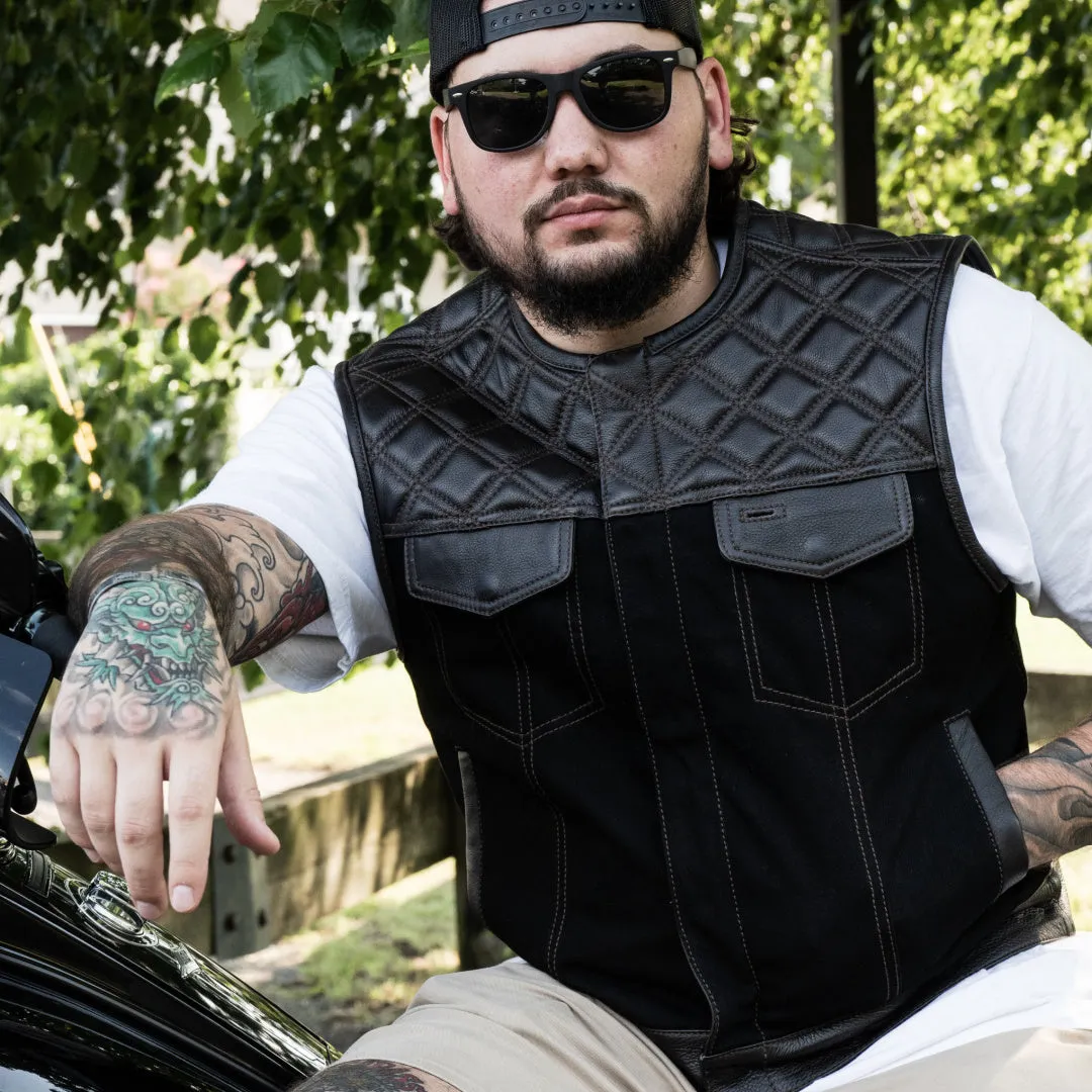 Legacy of Legends 'Cowboy' Black Twill Denim & Dark Chocolate Diamond Stitch Cropped Motorcycle Vest