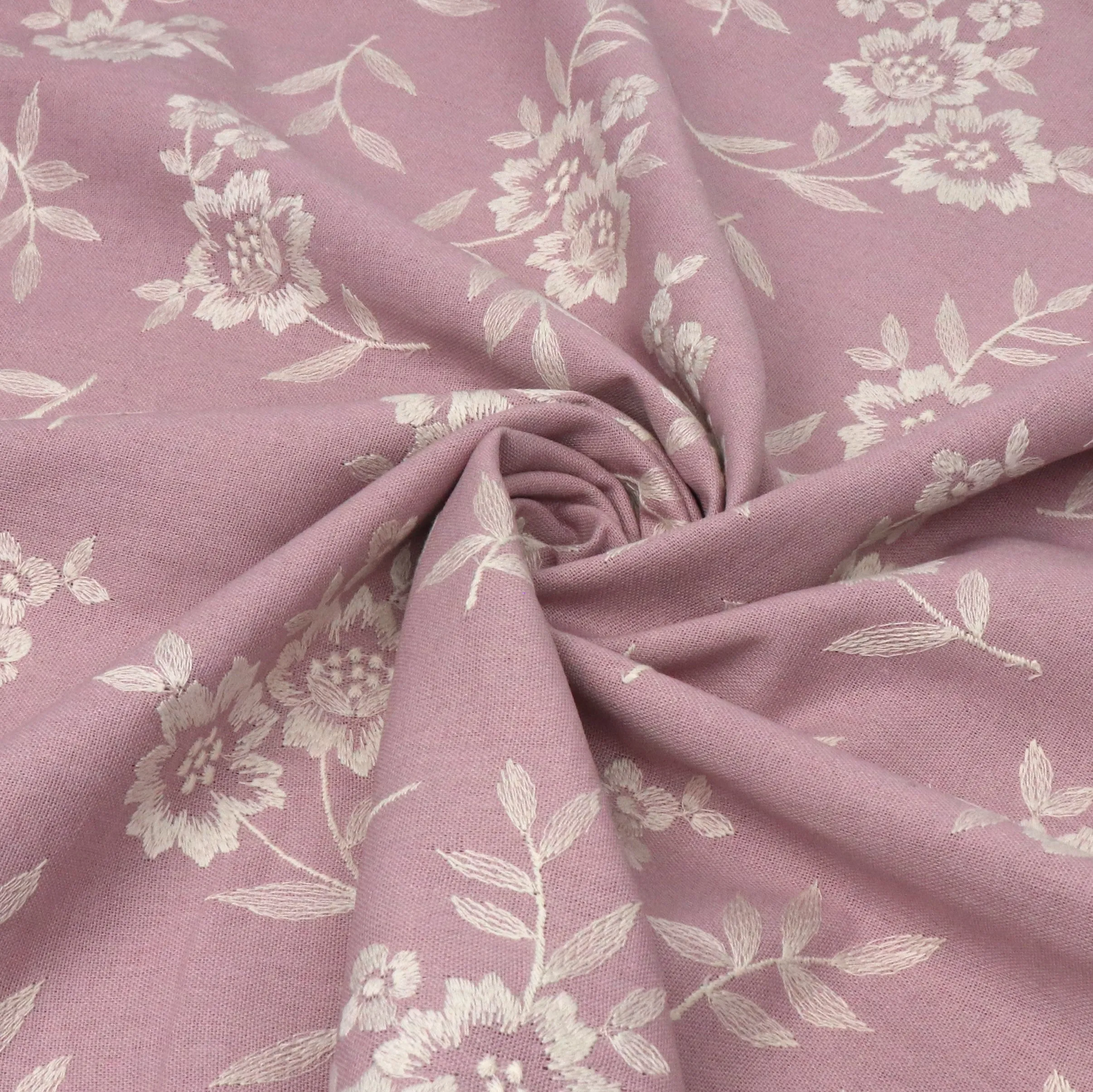 Linen Blend - Embroidered Flowers - Rose Pink - END OF BOLT 45cm