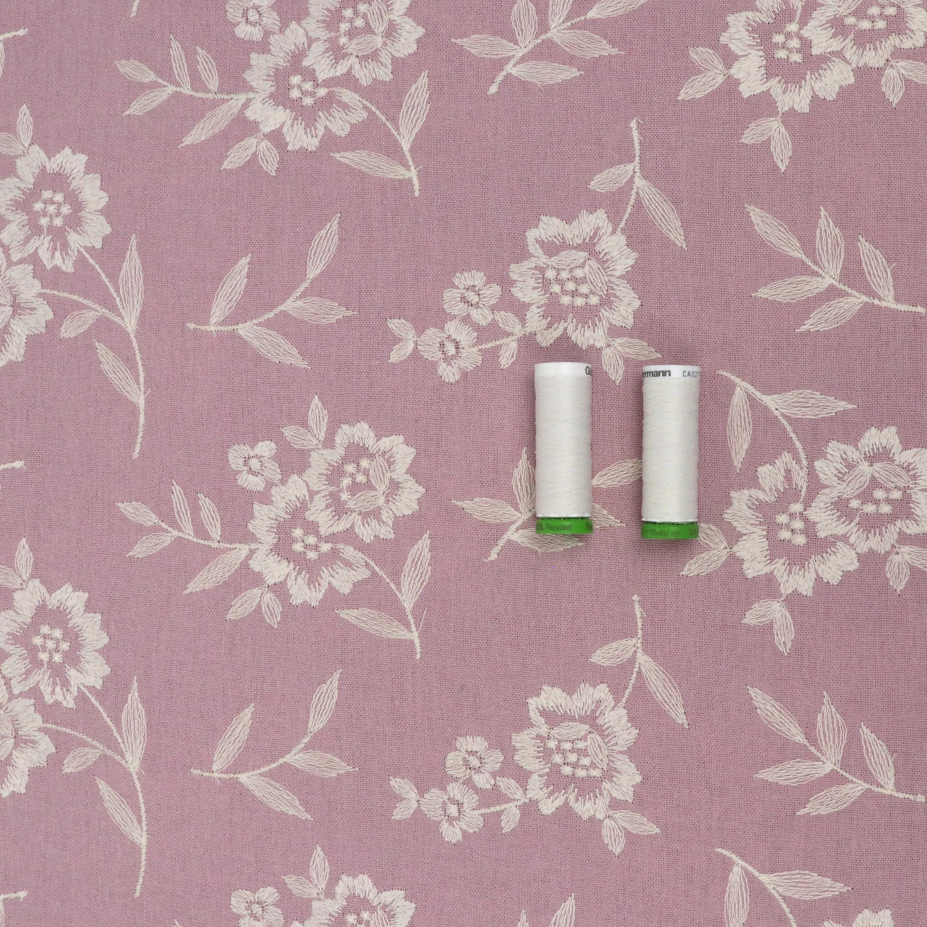 Linen Blend - Embroidered Flowers - Rose Pink - END OF BOLT 45cm