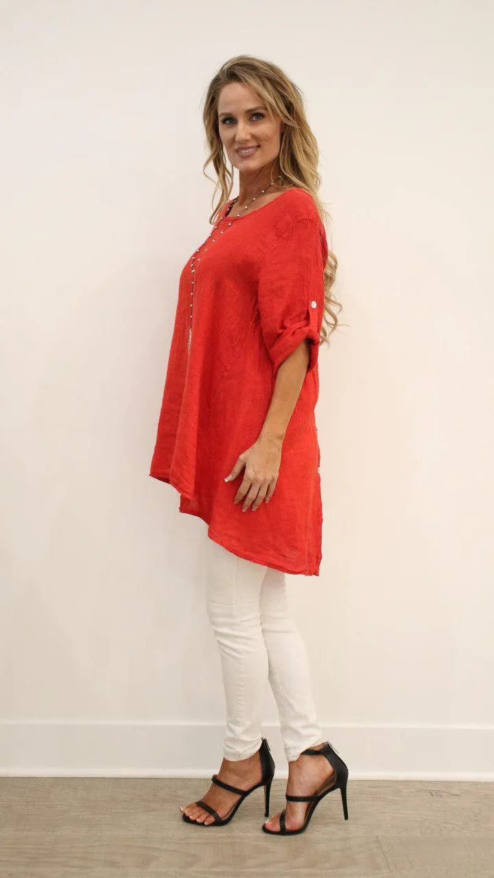 Long Italian Linen Button Back Top Tunic